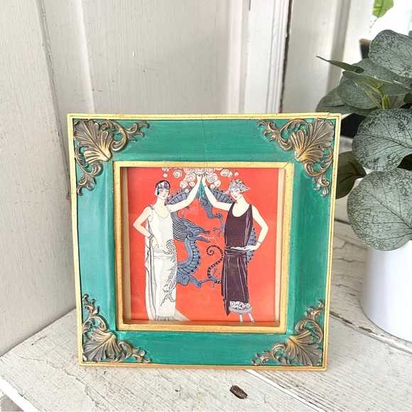 Vintage Other - French Art Deco Fashion Illustration Print Green Gold Ornate Frame Paris Vintage